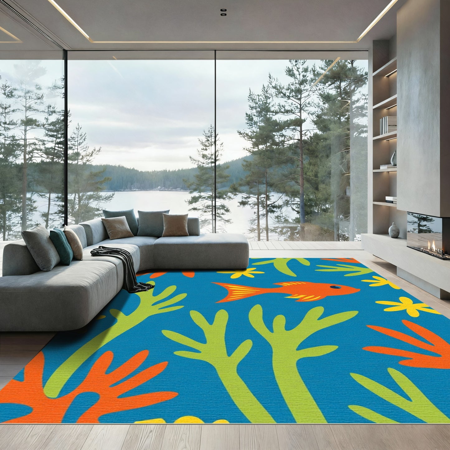 Bright Orange Fish Coral Reef Scene Rug