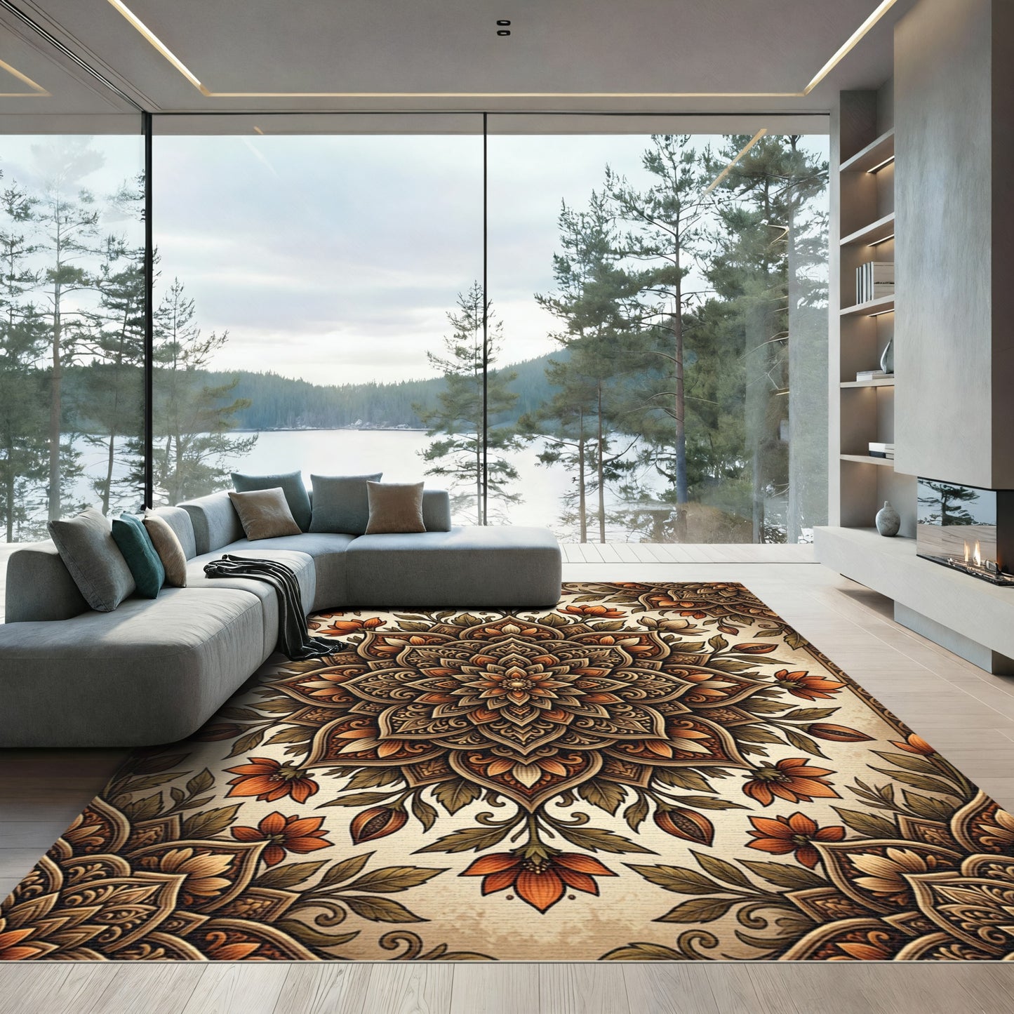 Earthy Terracotta Floral Mandala Rug