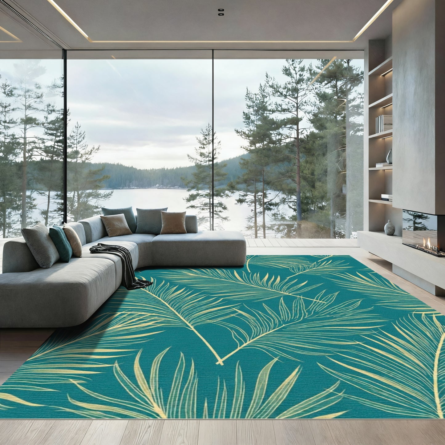 Teal Tropical Feathered Frond Arrangement Rug