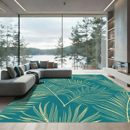 Teal Tropical Feathered Frond Arrangement Rug