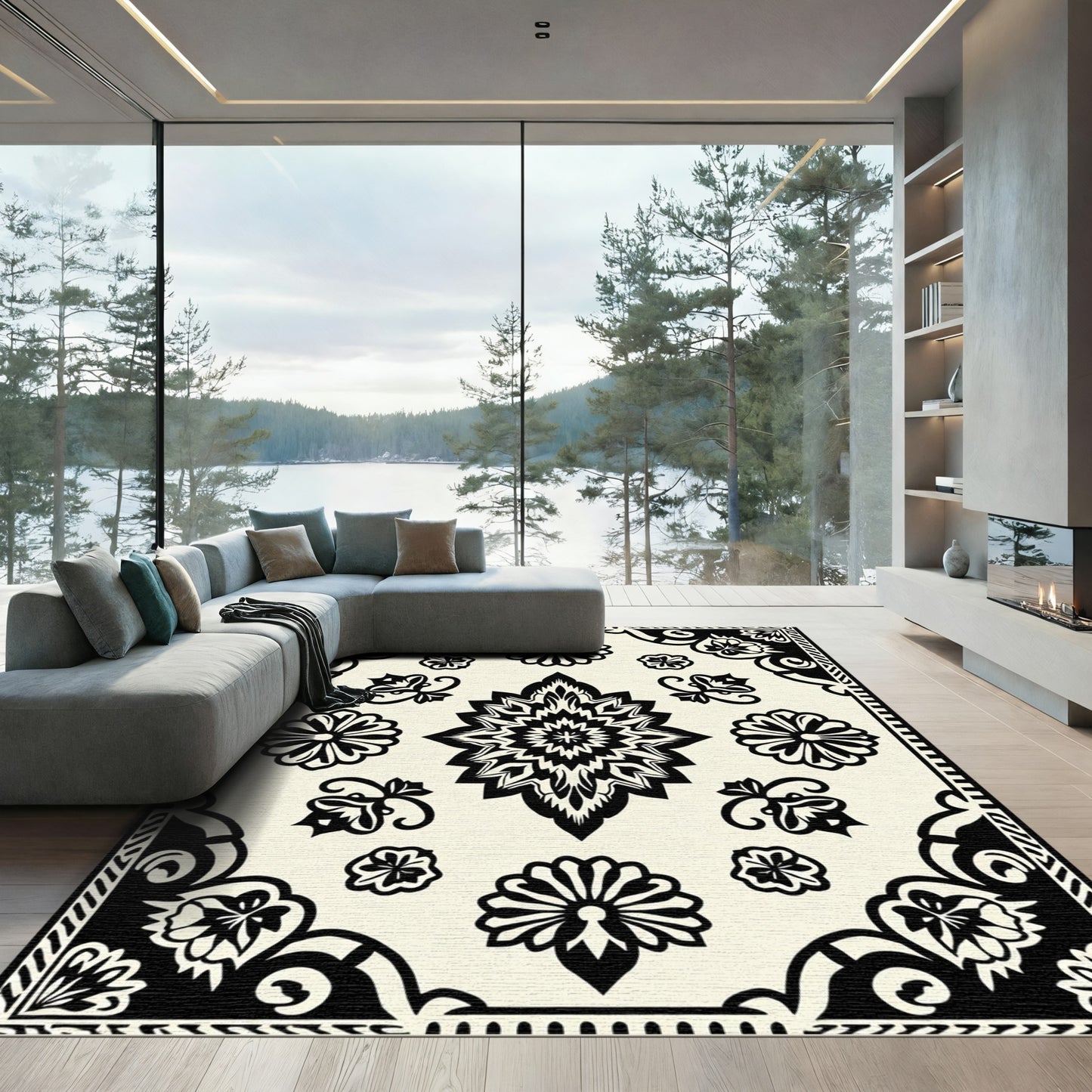 Black Floral Medallion Ivory Tiled Rug