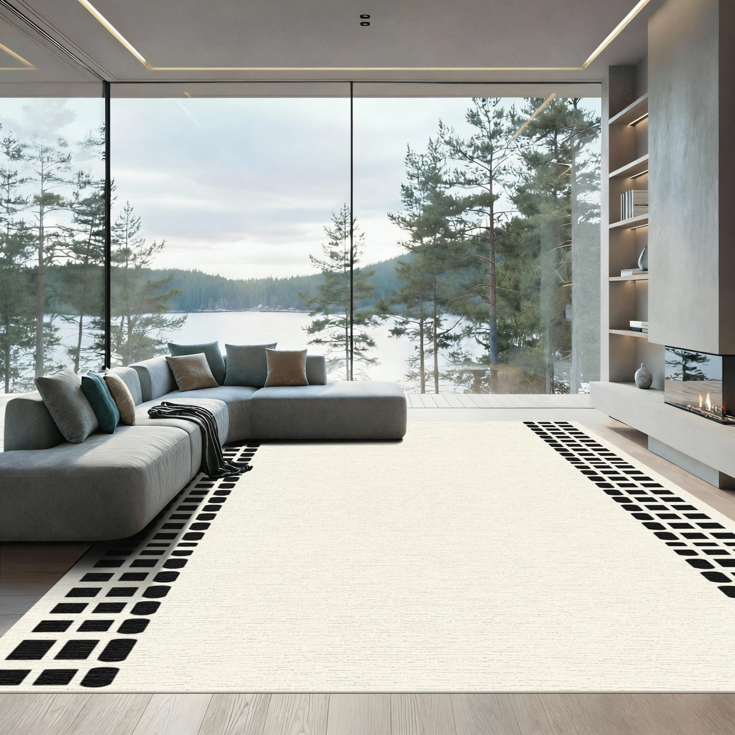 Black Rectangular Grid Vertical Stripes Rug