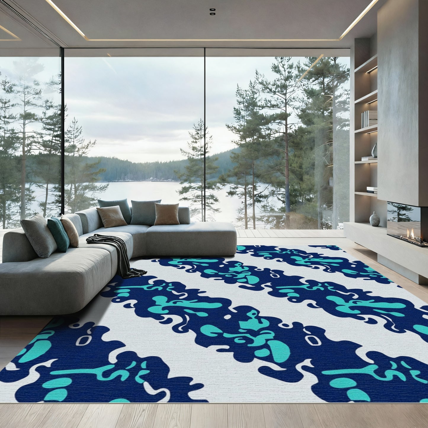 Deep Blue Aqua Blobs Stripe Rug