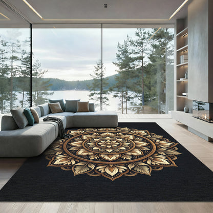 Elegant Golden Floral Mandala Medallion Rug