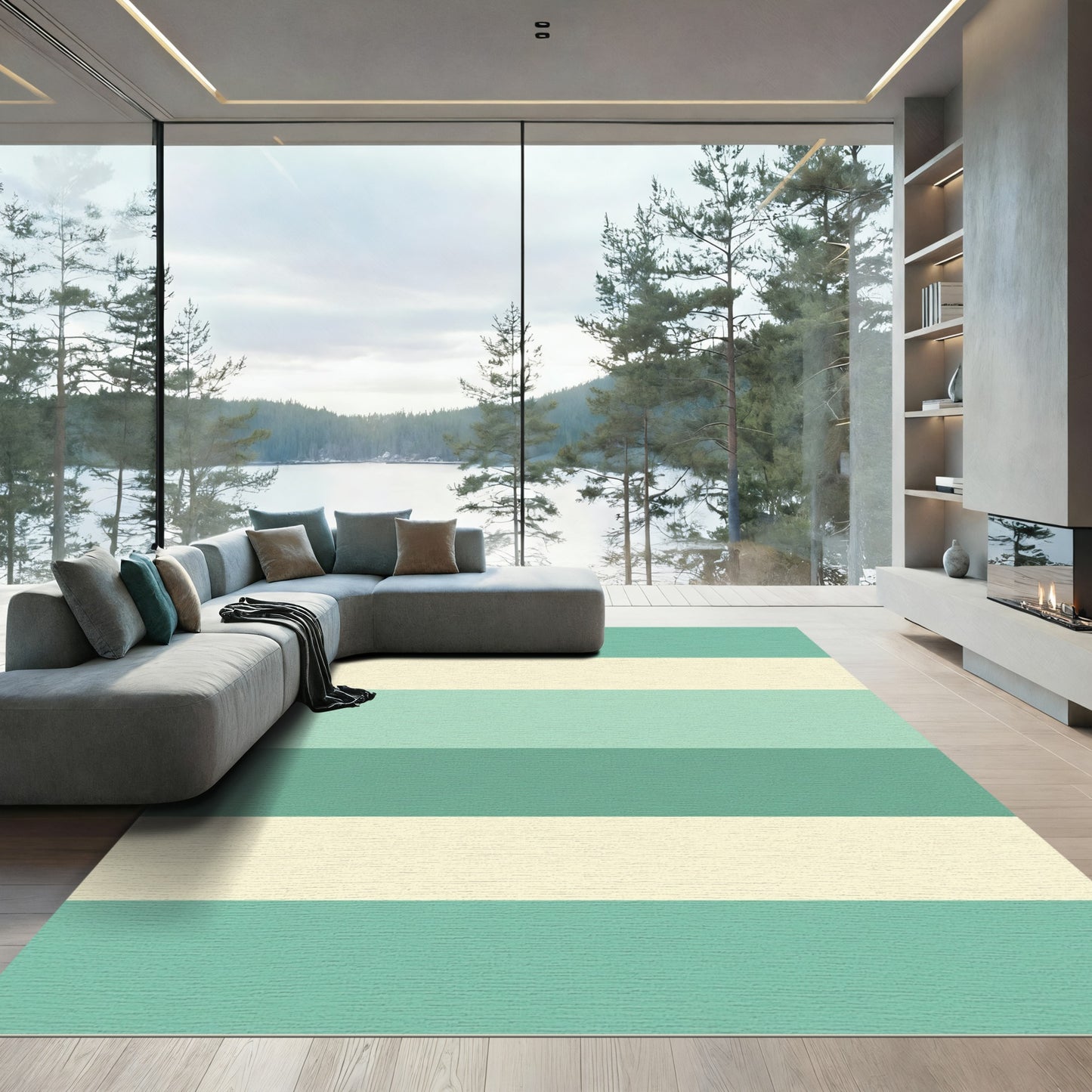 Aqua Cream Horizontal Stripe Rug