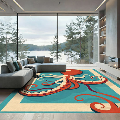 Retro Teal Orange Octopus Tentacles Rug