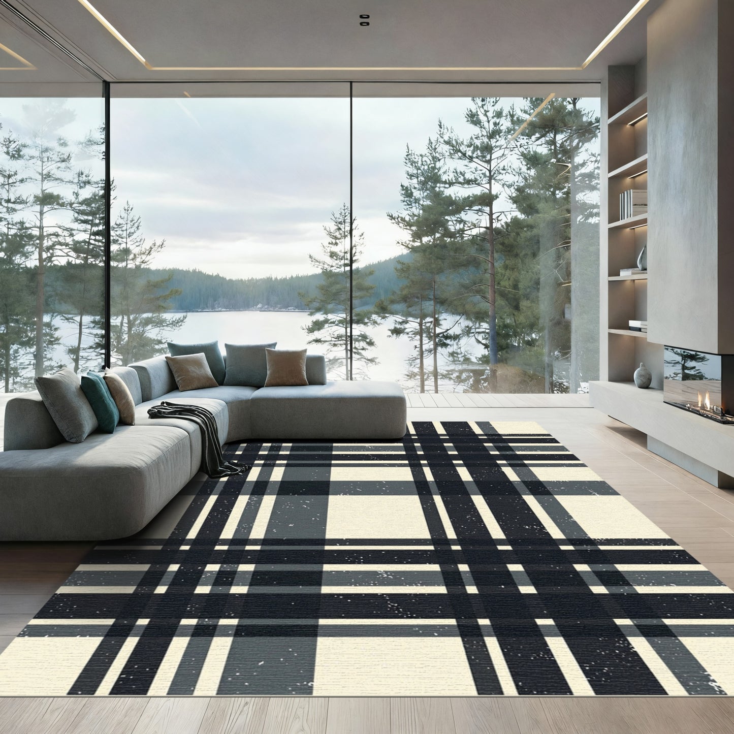 Dark Gray Cream Plaid Grid Rug