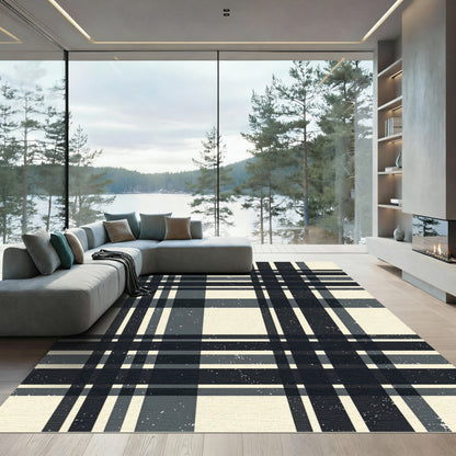 Dark Gray Cream Plaid Grid Rug