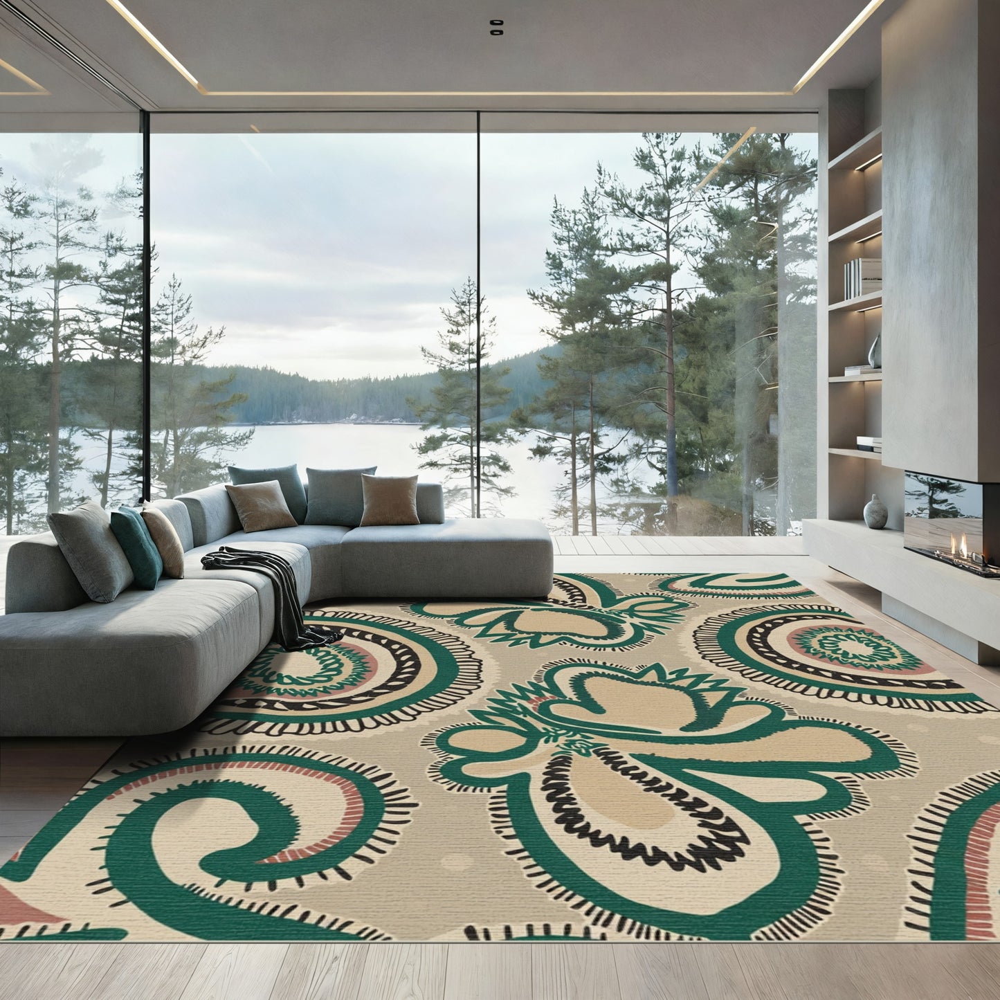 Tan Green Paisley Medallion Rug