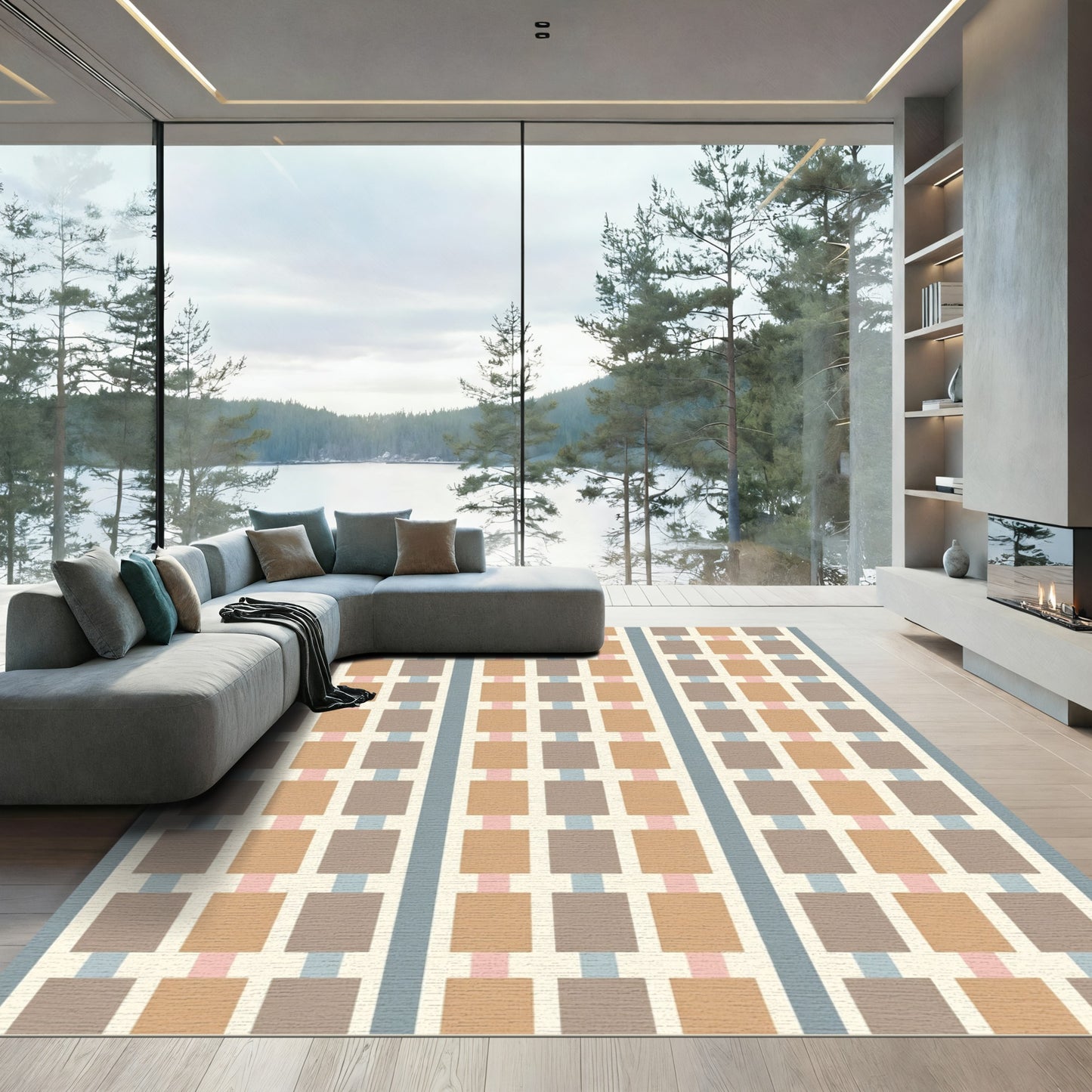 Neutral Geometric Brick Row Rug
