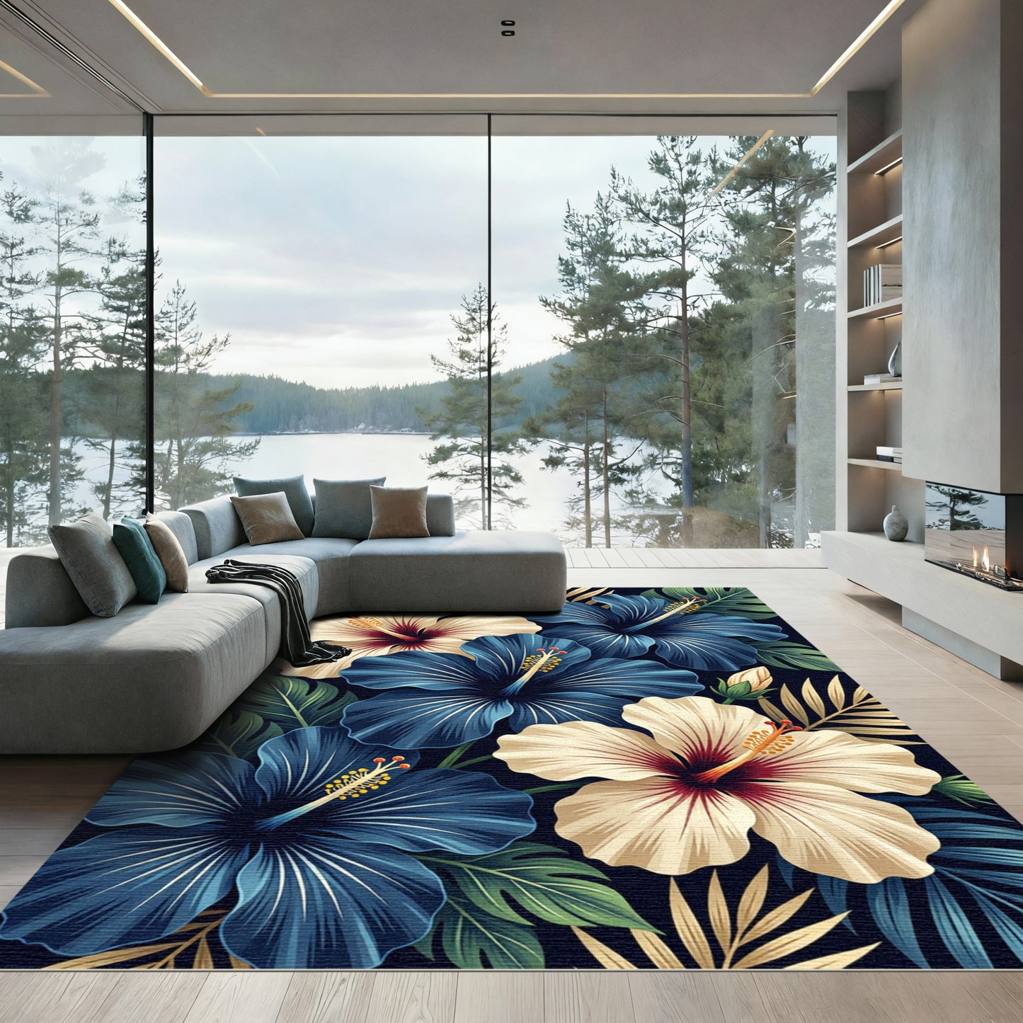 Navy and Cream Tropical Hibiscus Floral Rug