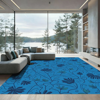 Deep Blue Floral Vine Swirl Rug