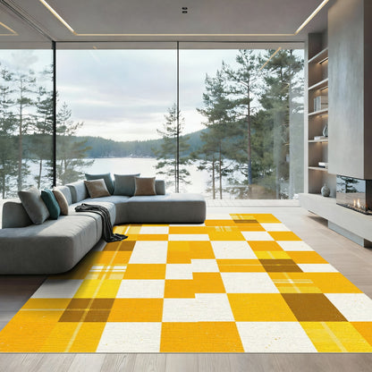 Golden Yellow Plaid Checkered Squares Rug