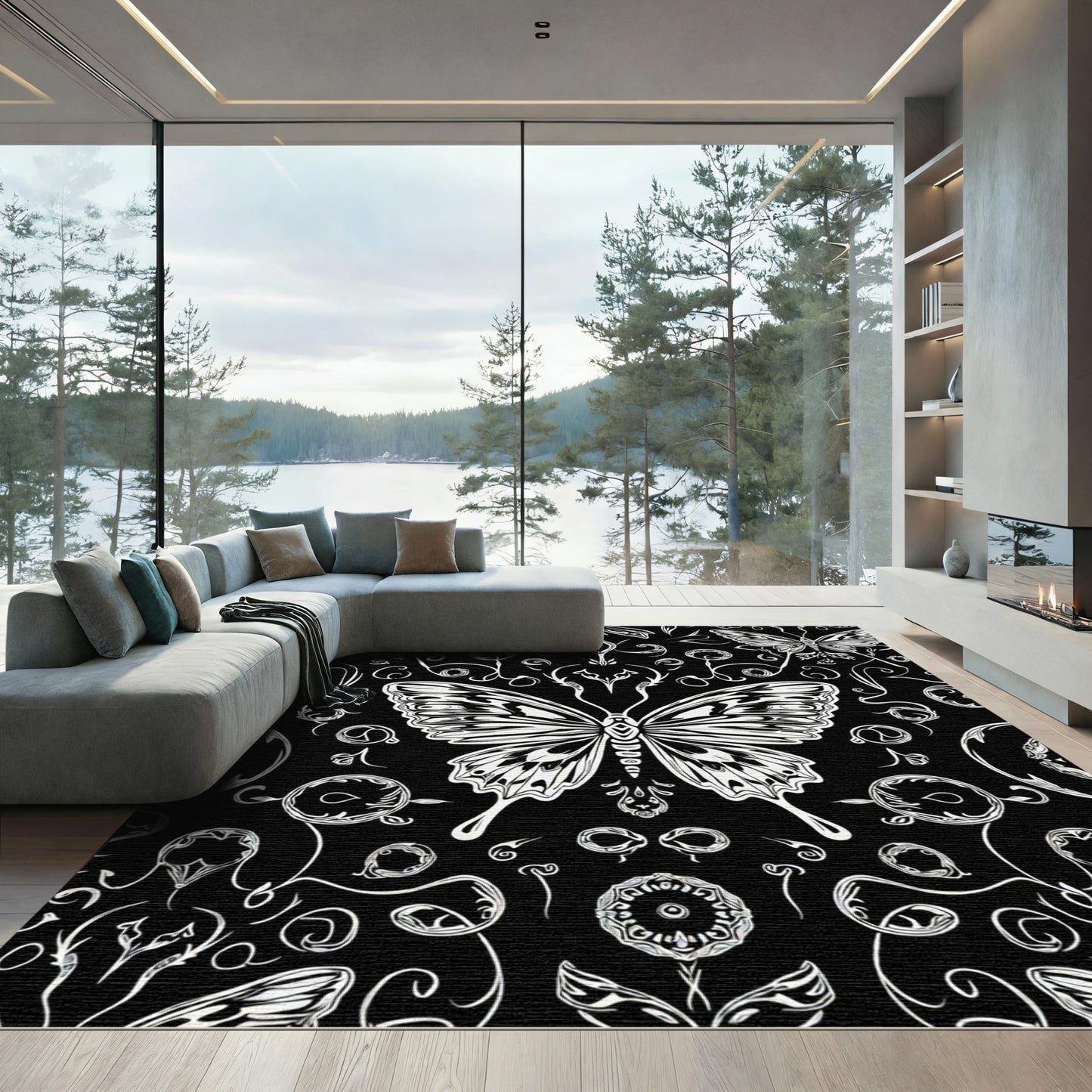 Monochromatic Butterfly Floral Garden Rug