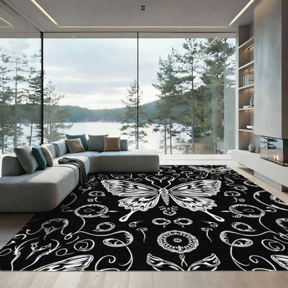 Monochromatic Butterfly Floral Garden Rug
