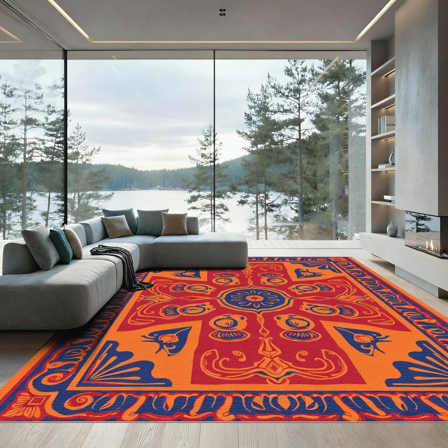 Bold Red Blue Ornamental Frieze Rug