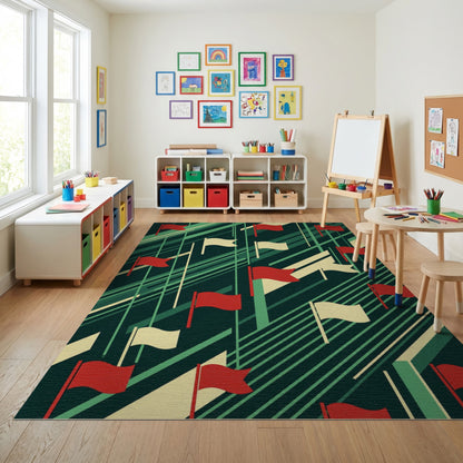 Geometric Red White Flags Diagonal Green Rug
