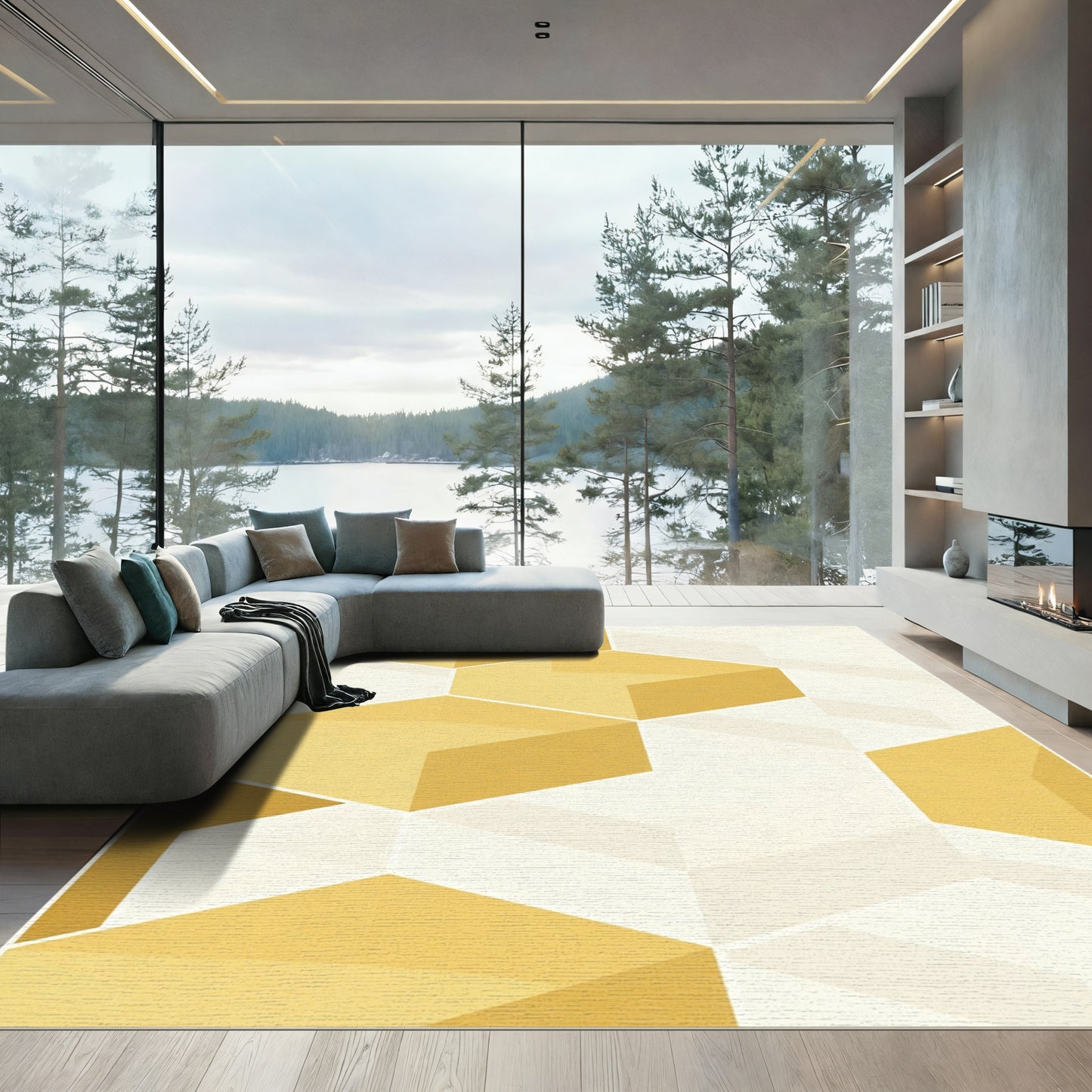 Golden Hexagon Geometric Cubes Rug