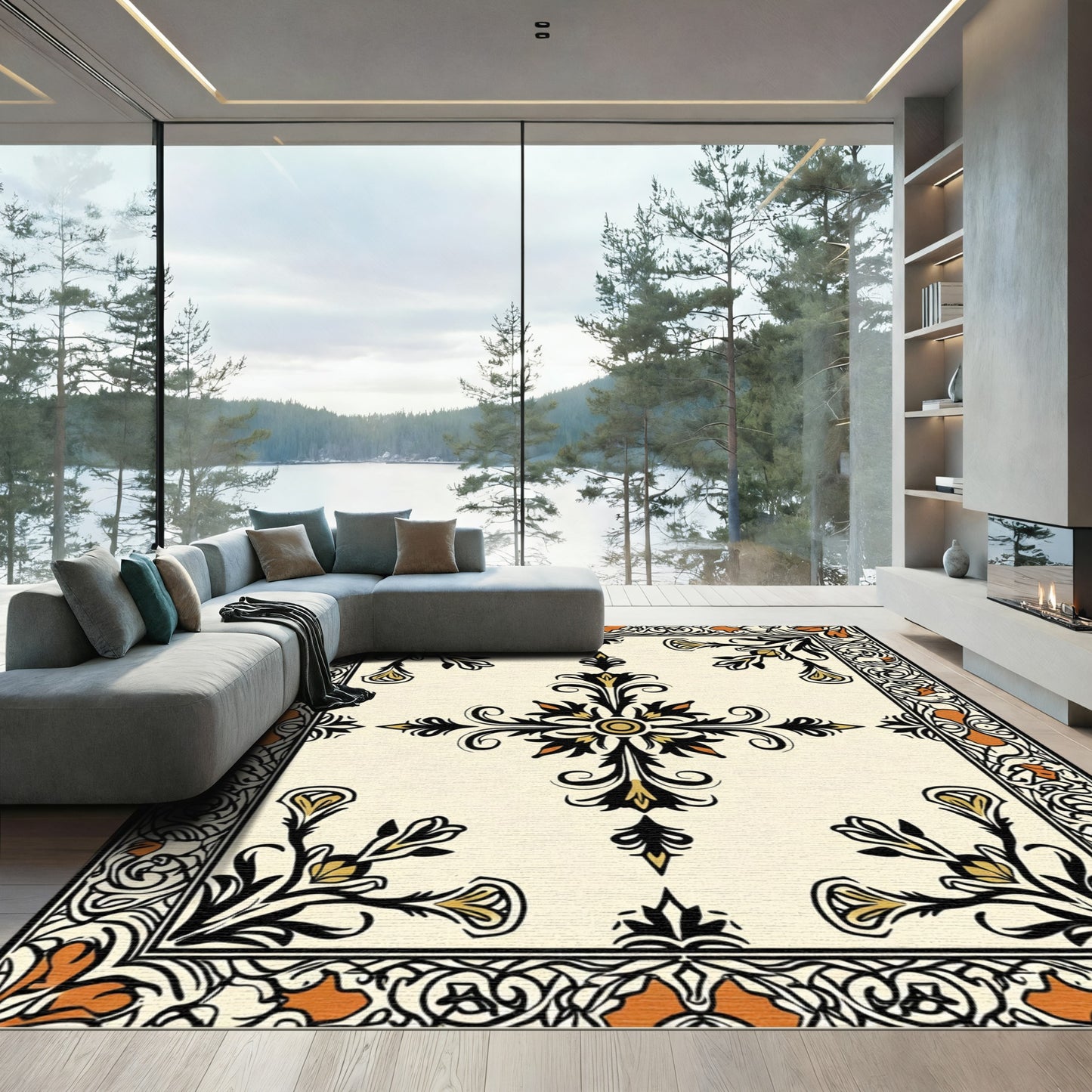 Cream Black Orange Floral Scrollwork Rug
