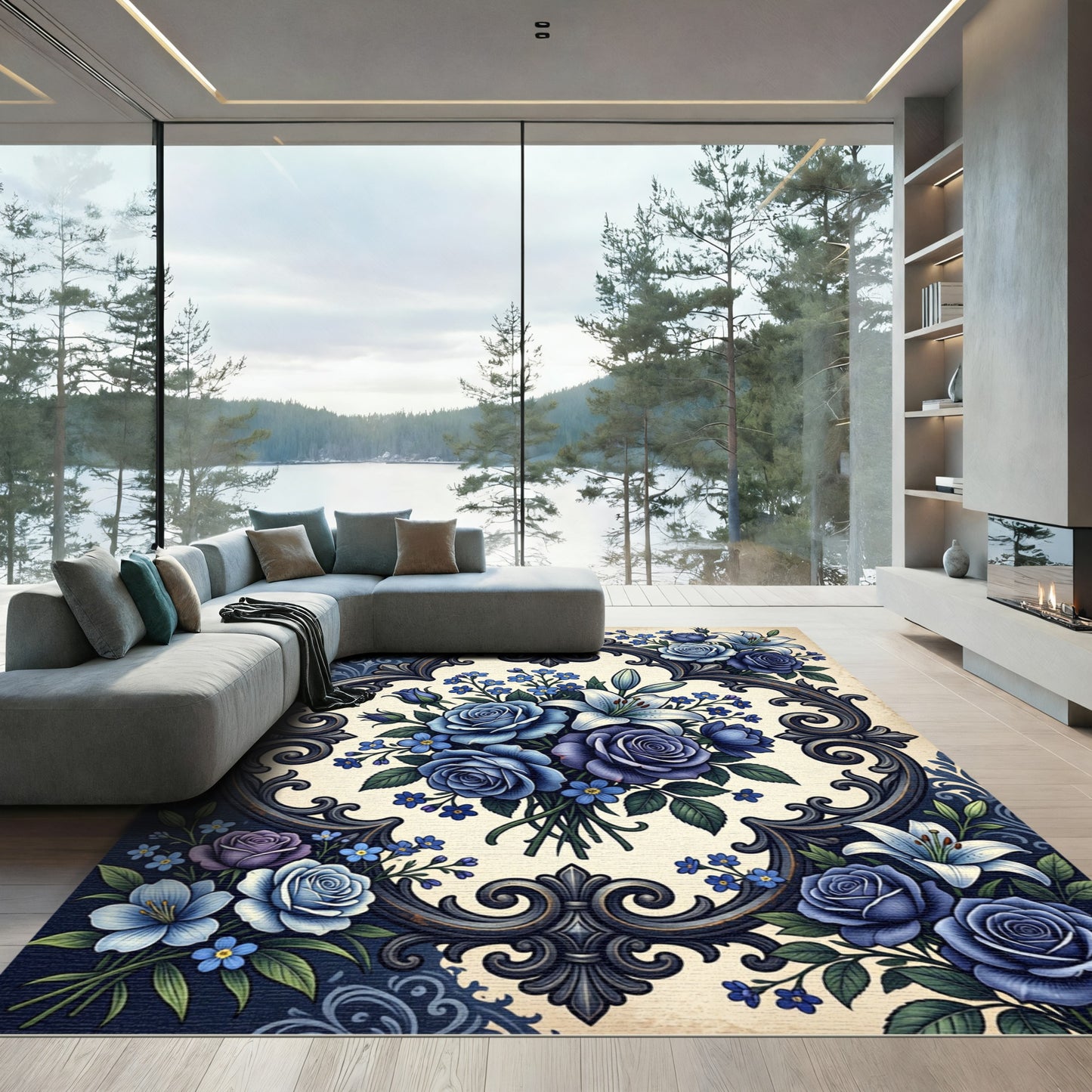Vibrant Blue Floral Bouquet Ornamental Rug