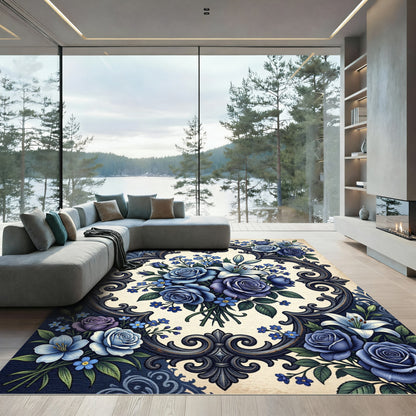Vibrant Blue Floral Bouquet Ornamental Rug