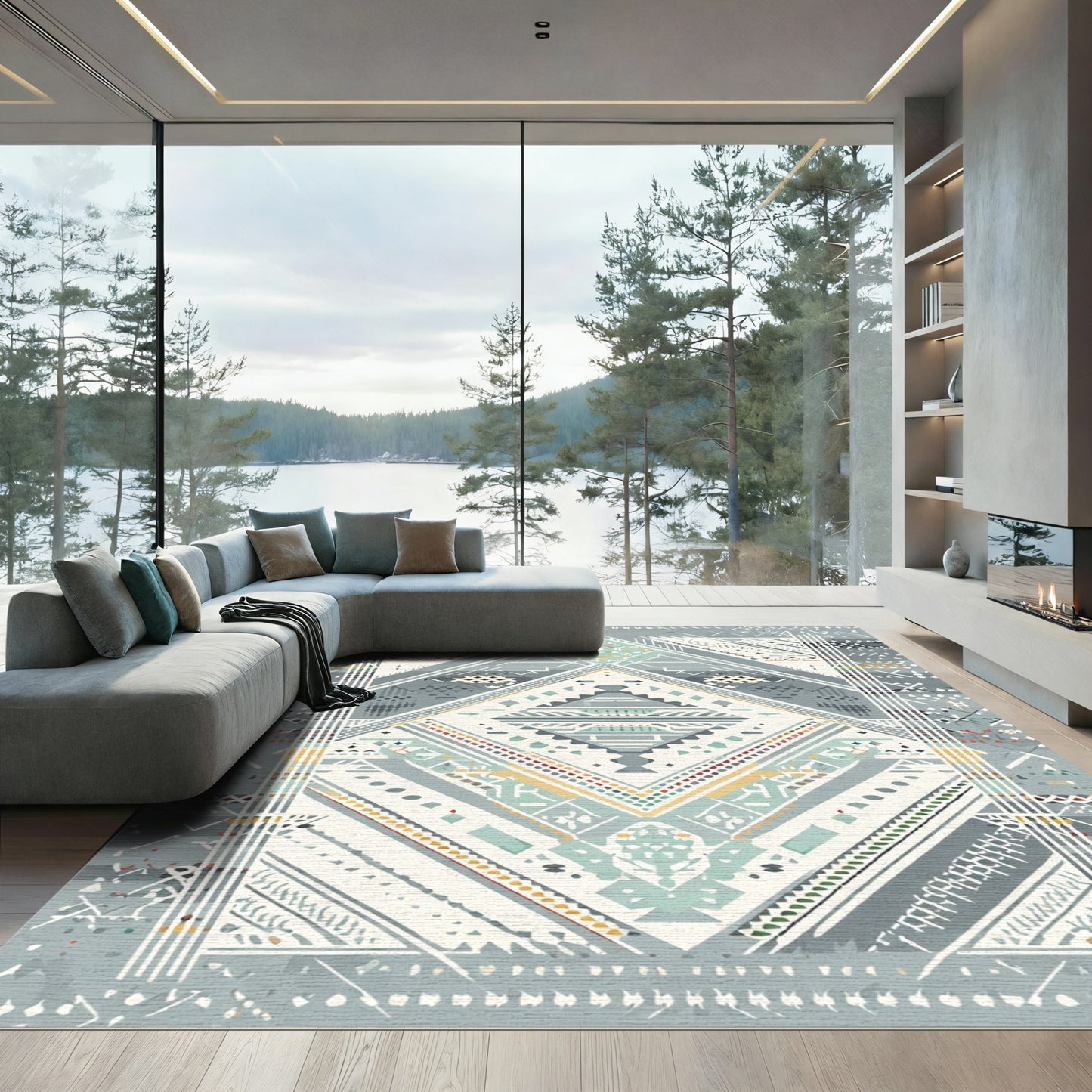 Geometric Muted Teal Tribal Diamond Rug