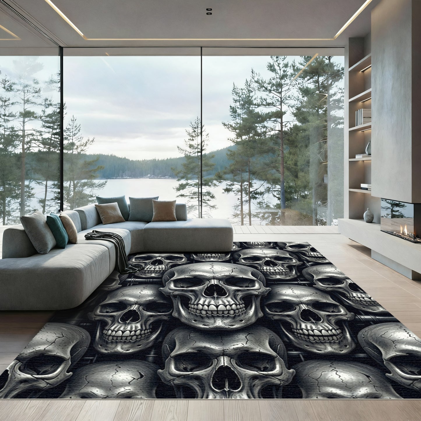 Metallic Silver Anatomical Gothic Skull Mosaic Rug