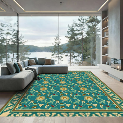 Turquoise Sunburst Floral Vine Border Rug