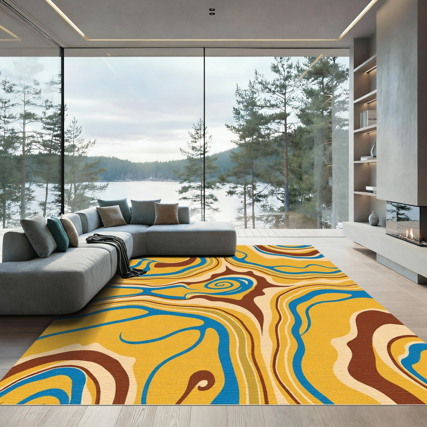Retro Yellow Blue Swirl Organic Rug
