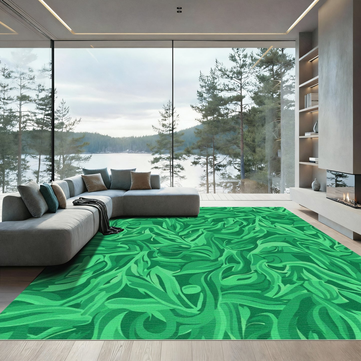 Lush Emerald Flowing Leaf Arrangement Rug