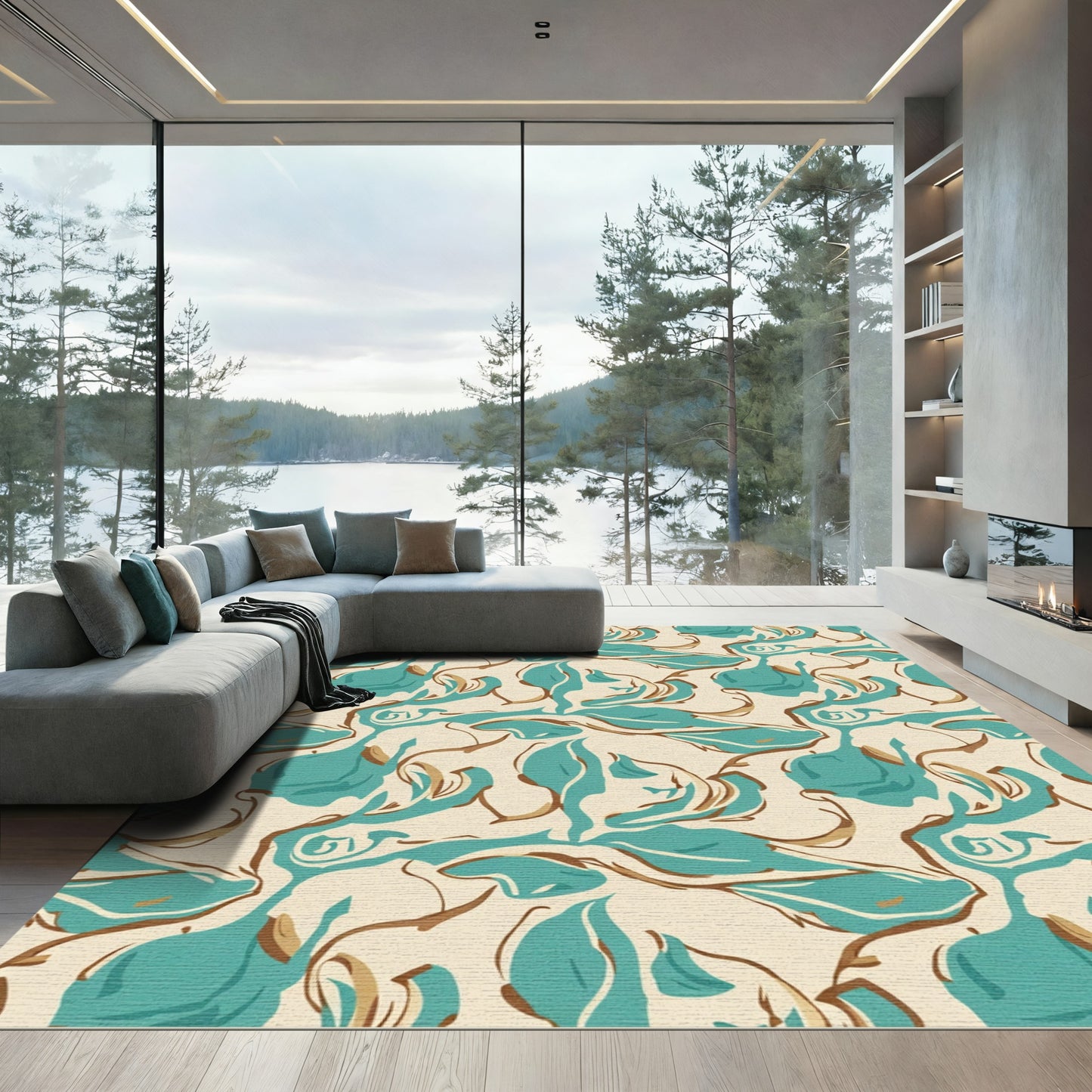 Teal and Gold Abstract Swirl Rug