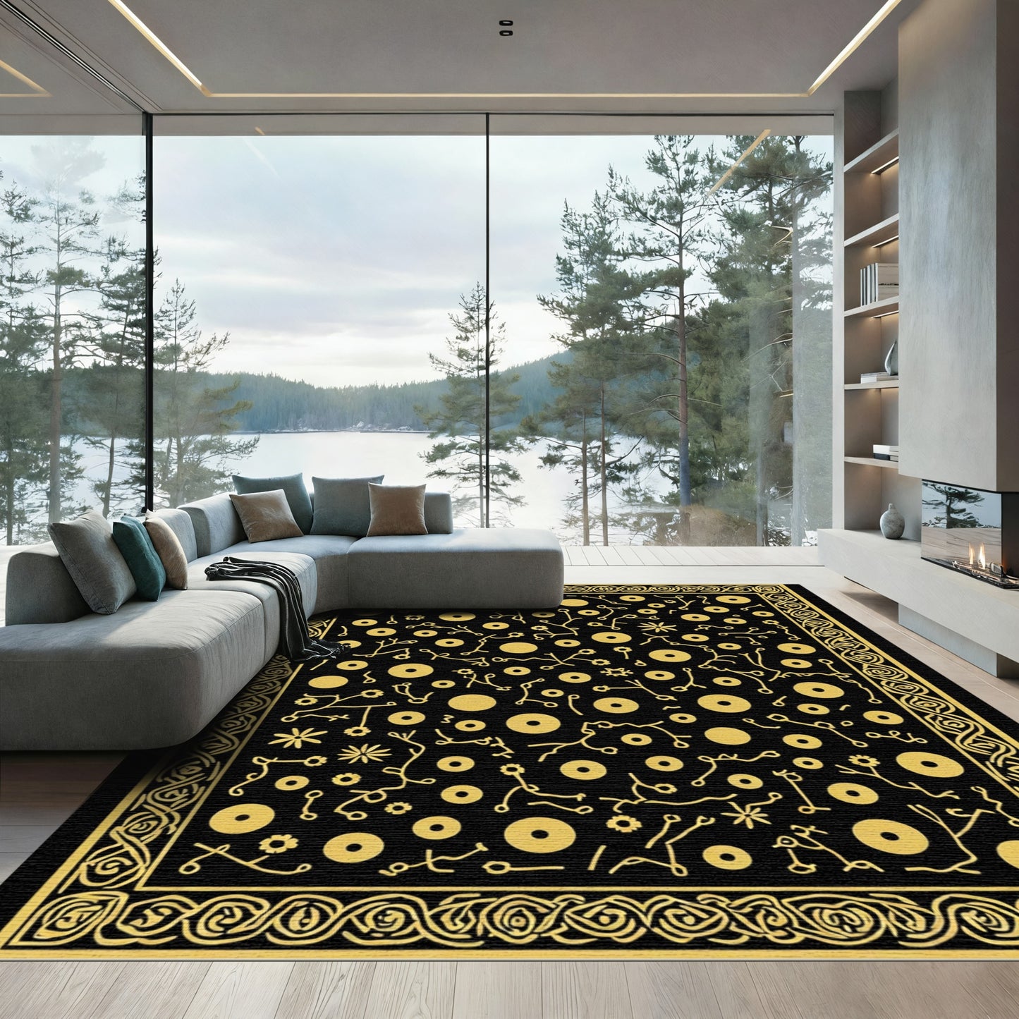 Black Gold Botanical Vine Medallion Rug