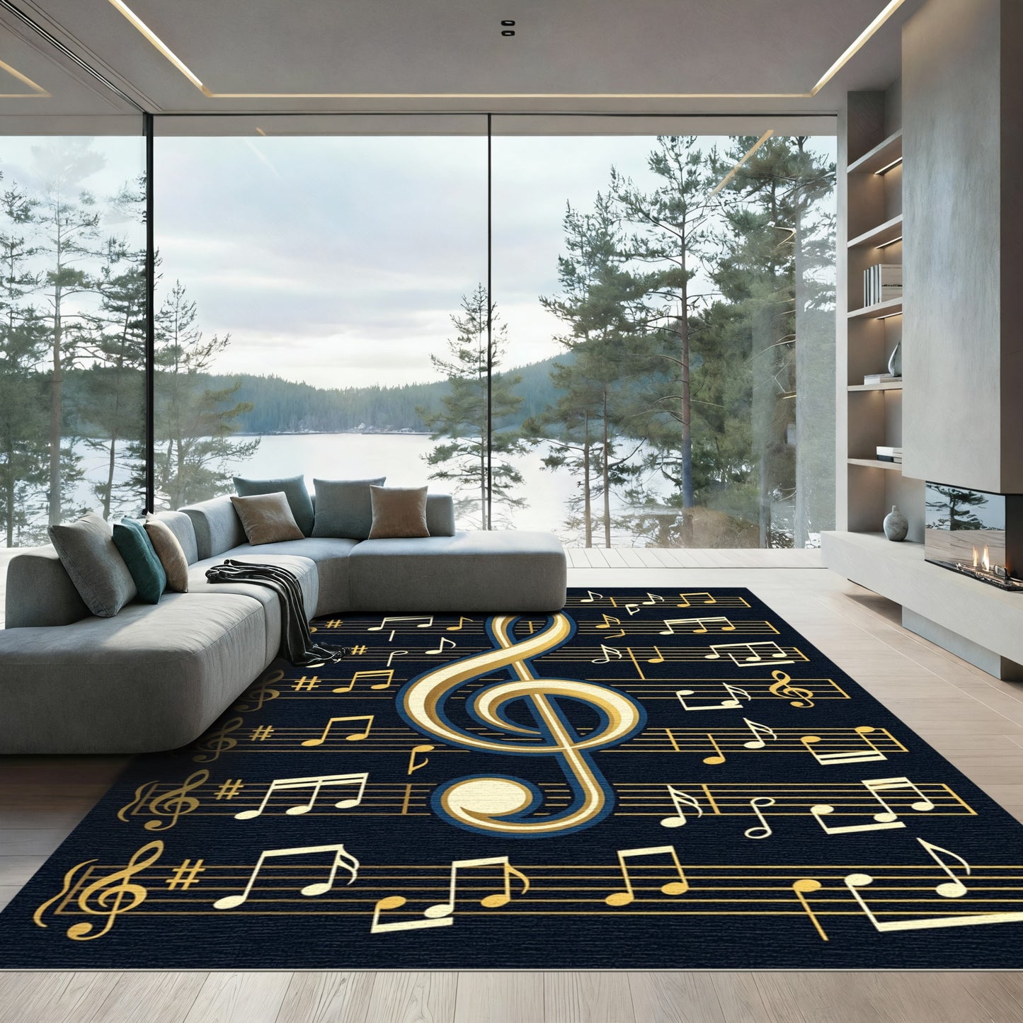 Elegant Golden Musical Treble Clef Rug