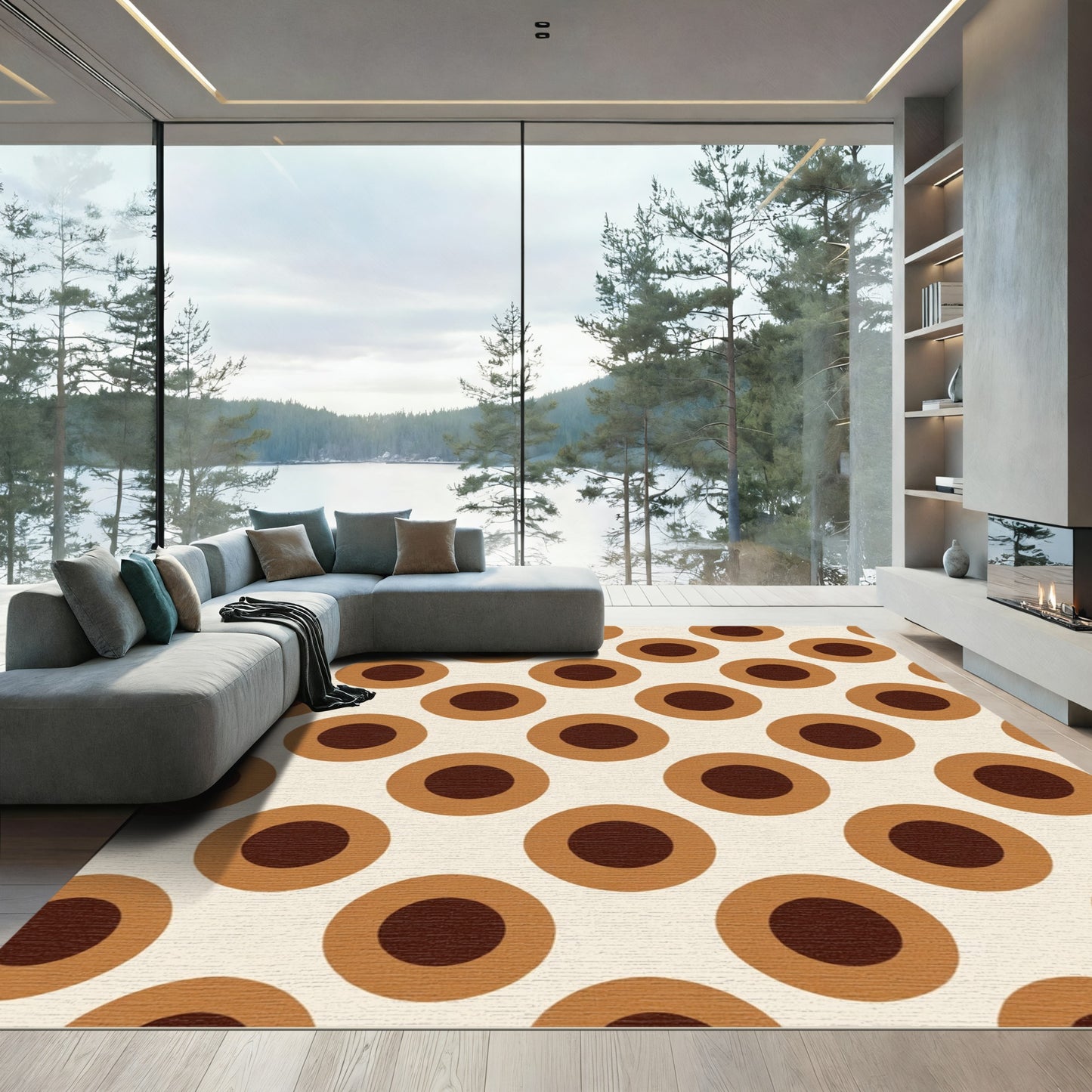 Retro Tan Concentric Circle Rug