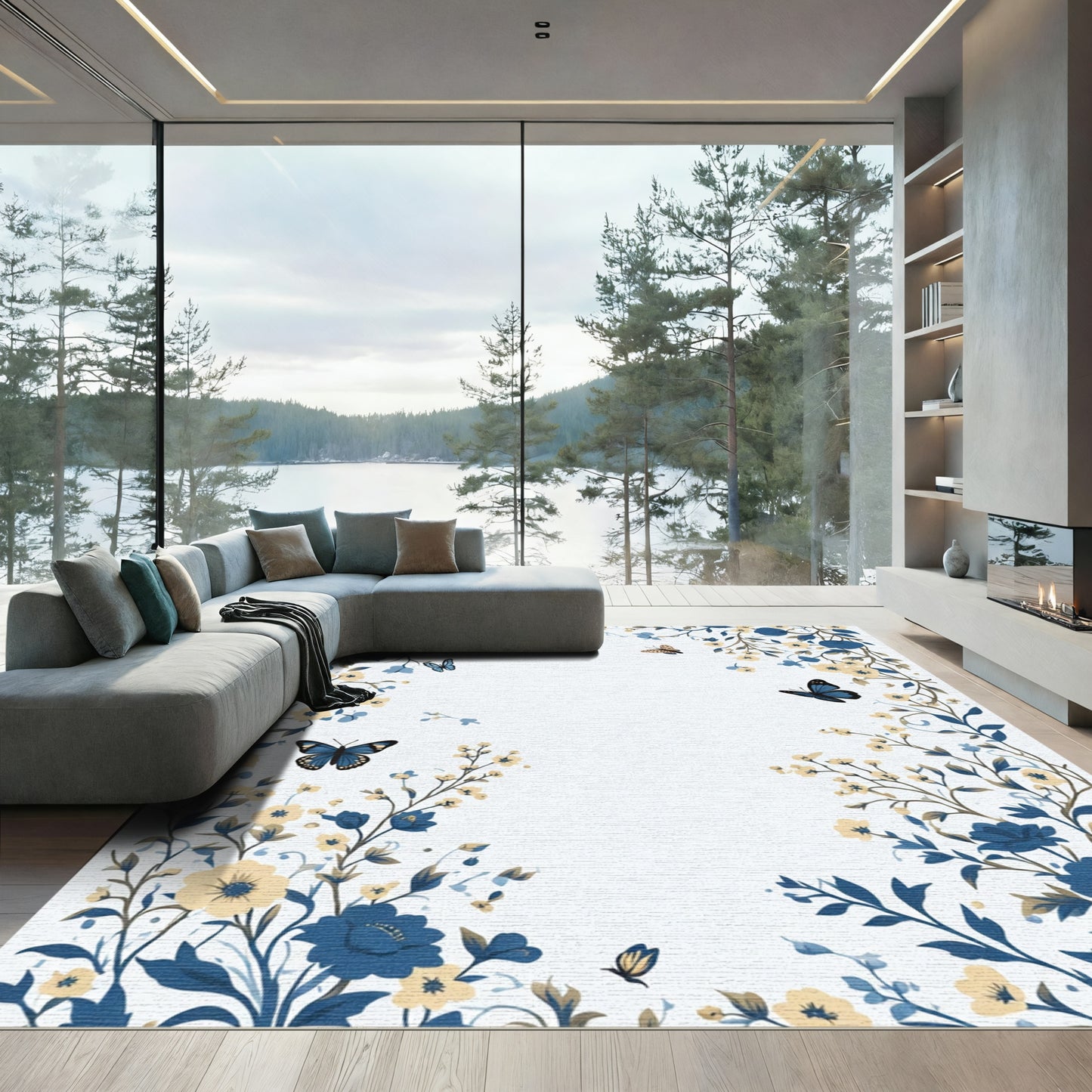 Blue Yellow Floral Butterfly Border Rug
