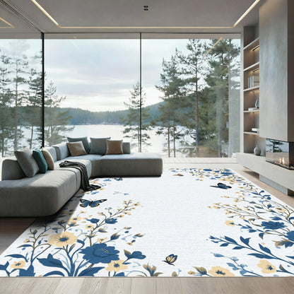 Blue Yellow Floral Butterfly Border Rug