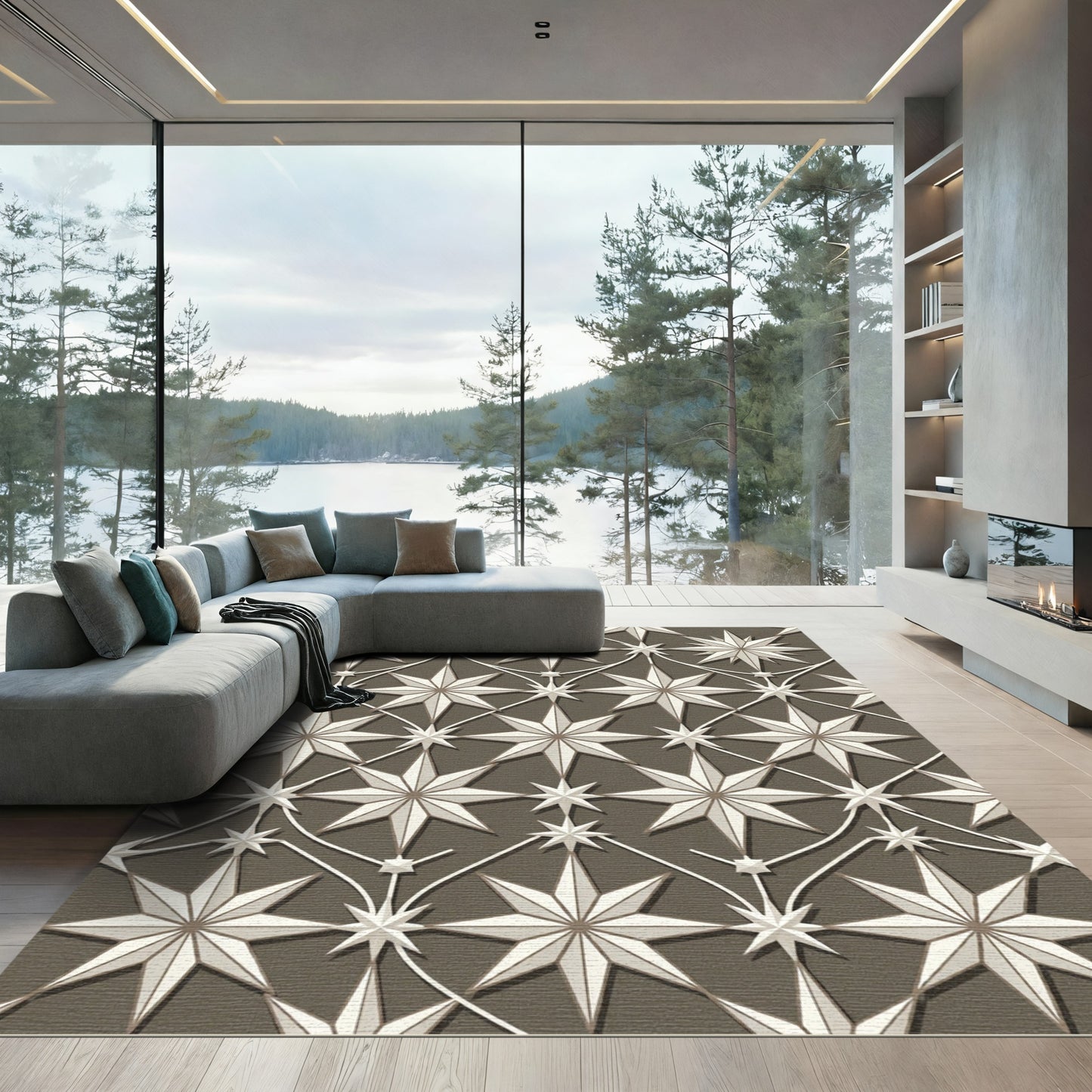 Elegant Taupe Star Geometric Lattice Rug