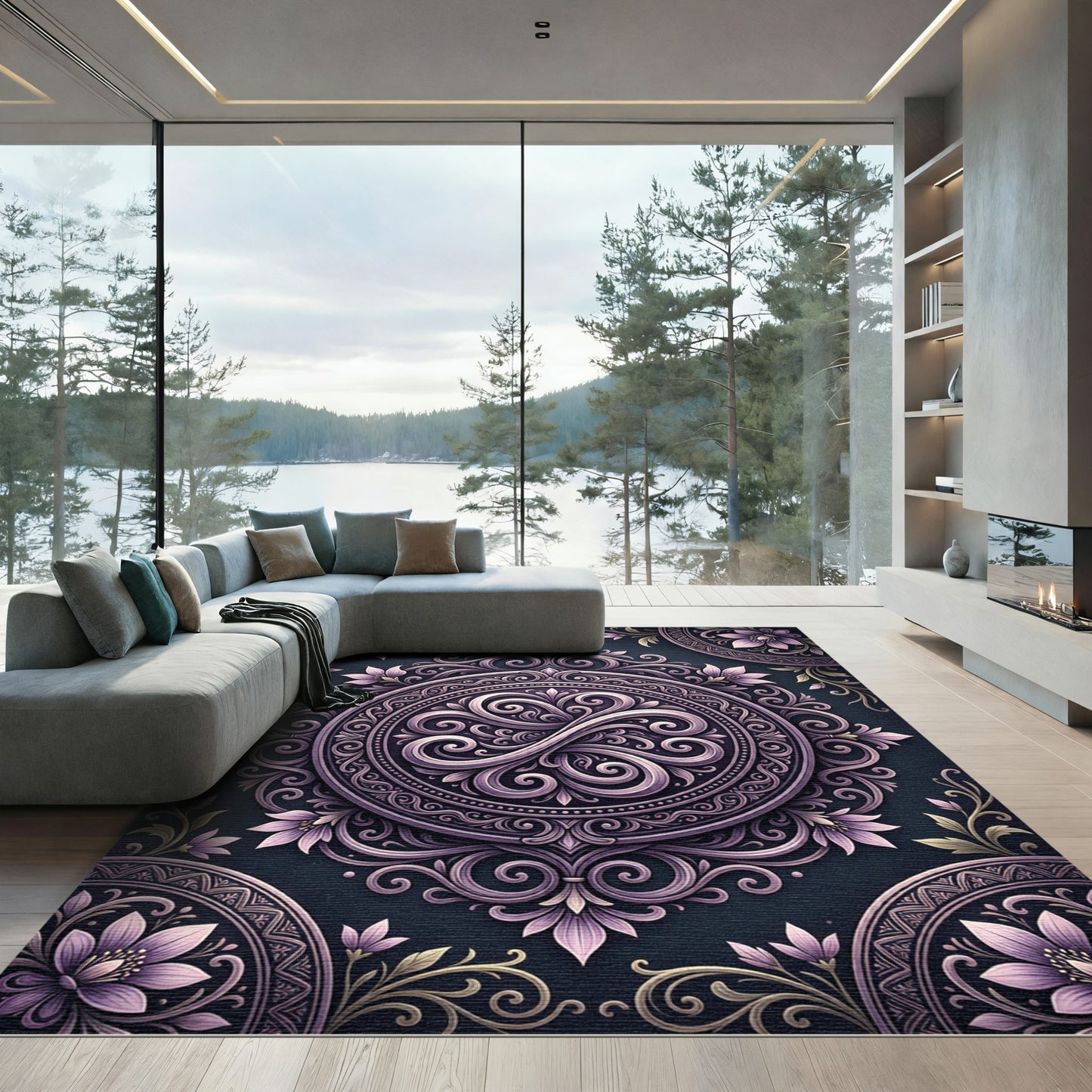 Purple Ornate Floral Medallion Swirl Rug