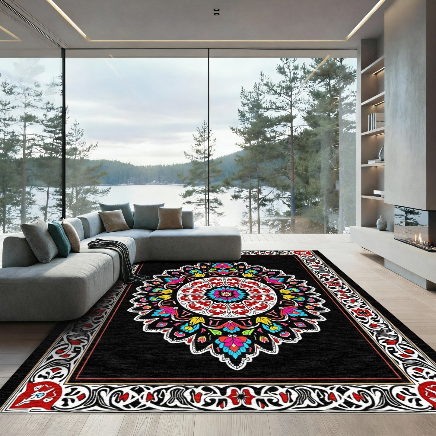 Vibrant Colorful Mandala Bloom Border Rug