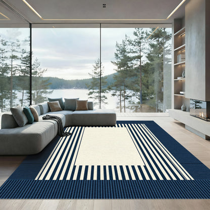 Navy and Cream Vertical Striped Frame Rug
