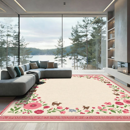 Whimsical Floral Cat Border Cream Rug