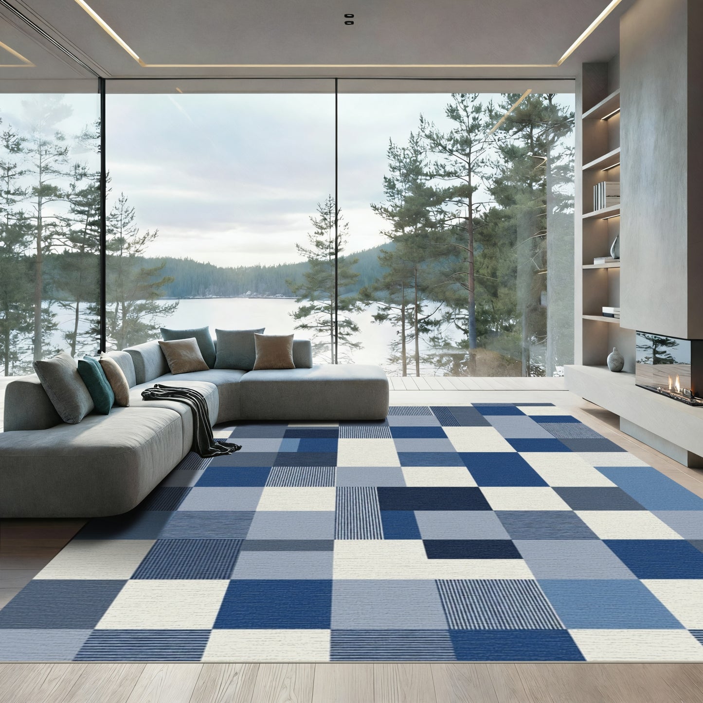 Modern Blue Geometric Patchwork Rug