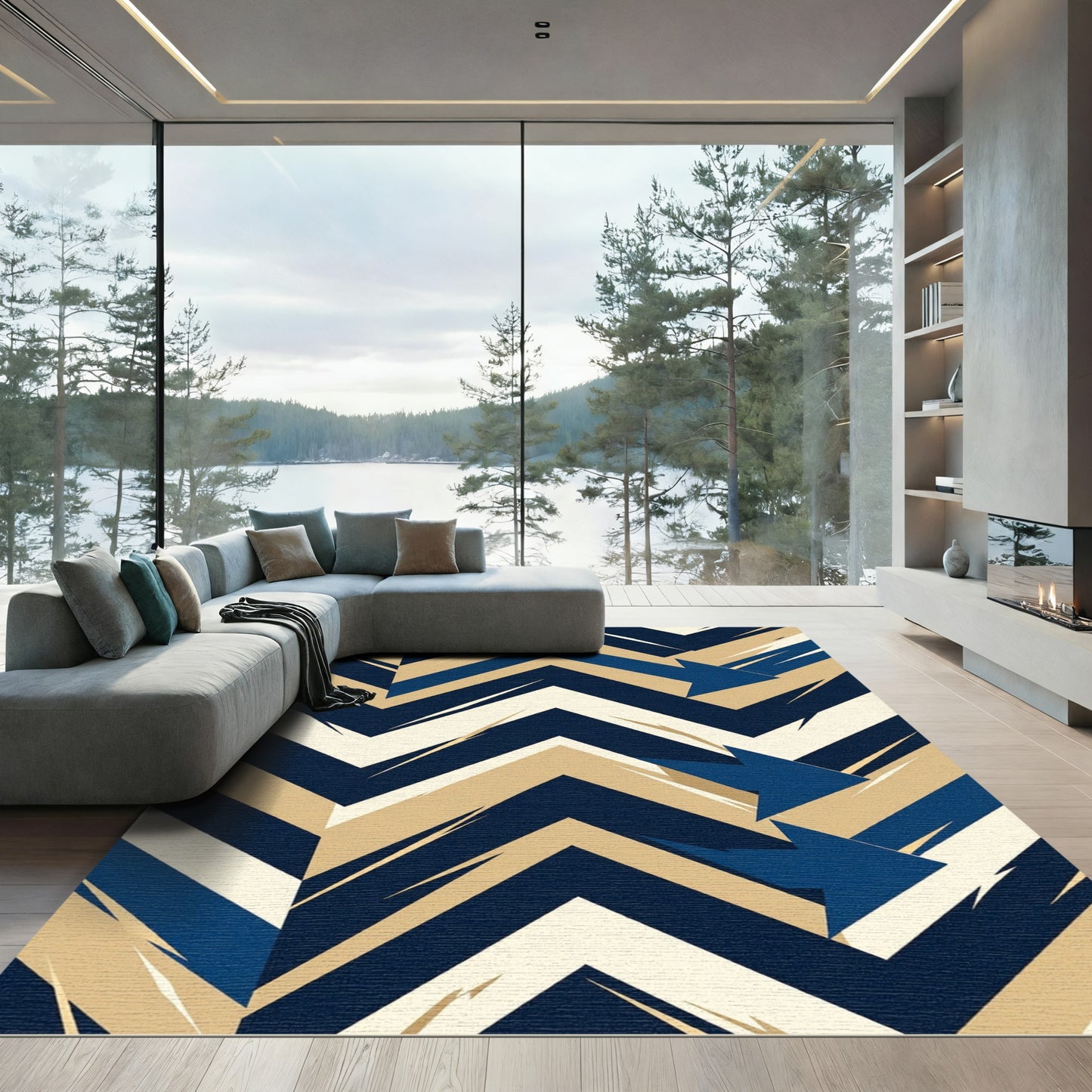 Geometric Navy and Tan Chevron Arrow Rug