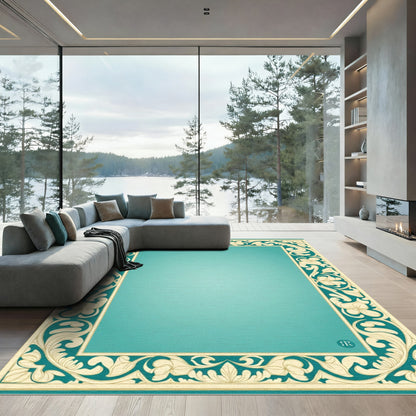 Teal Floral Border Accent Rug