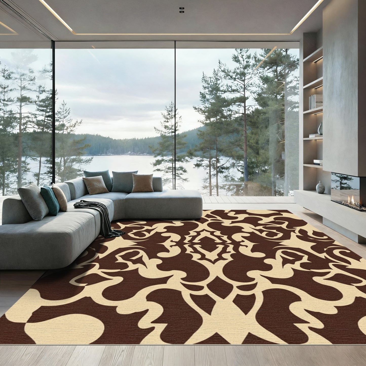 Elegant Brown and Cream Scrollwork Rug