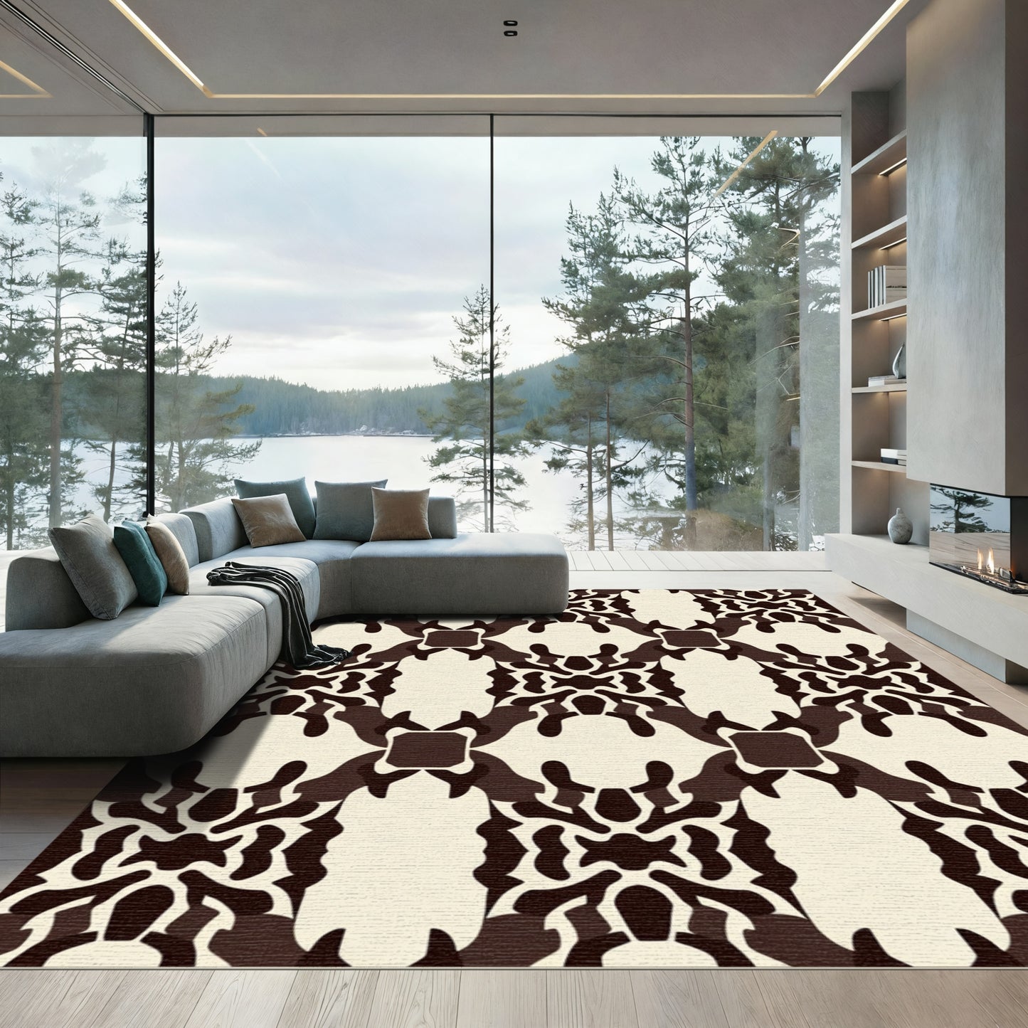 Dark Brown Cream Ochre Symmetry Rug