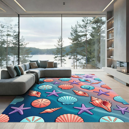 Coastal Blue and Coral Seashell Ocean Rug