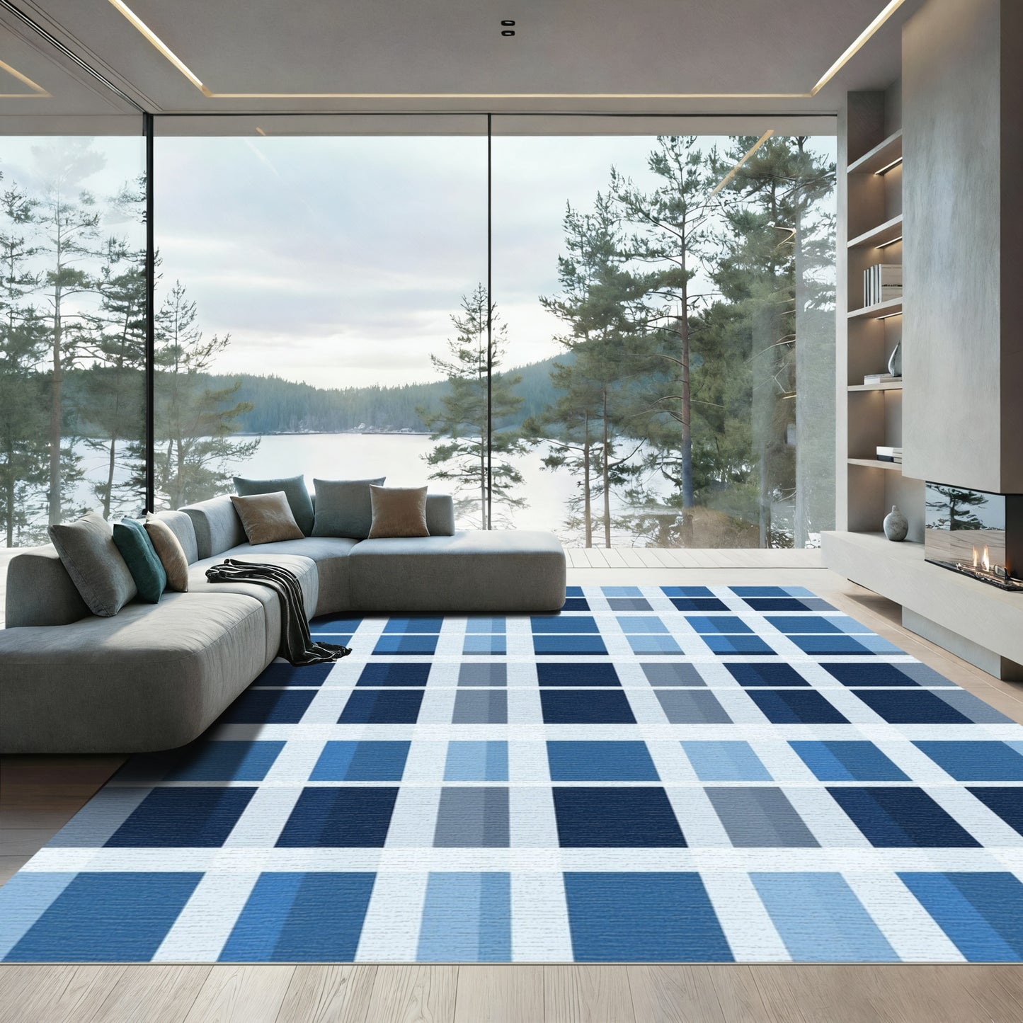 Indigo Blue Gradient Plaid Rug