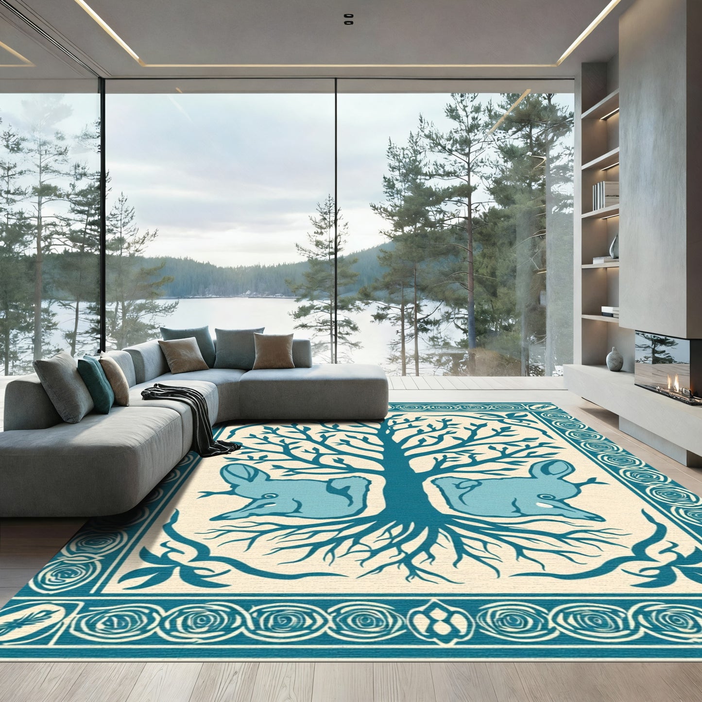 Teal Tree Rabbits Border Art Rug