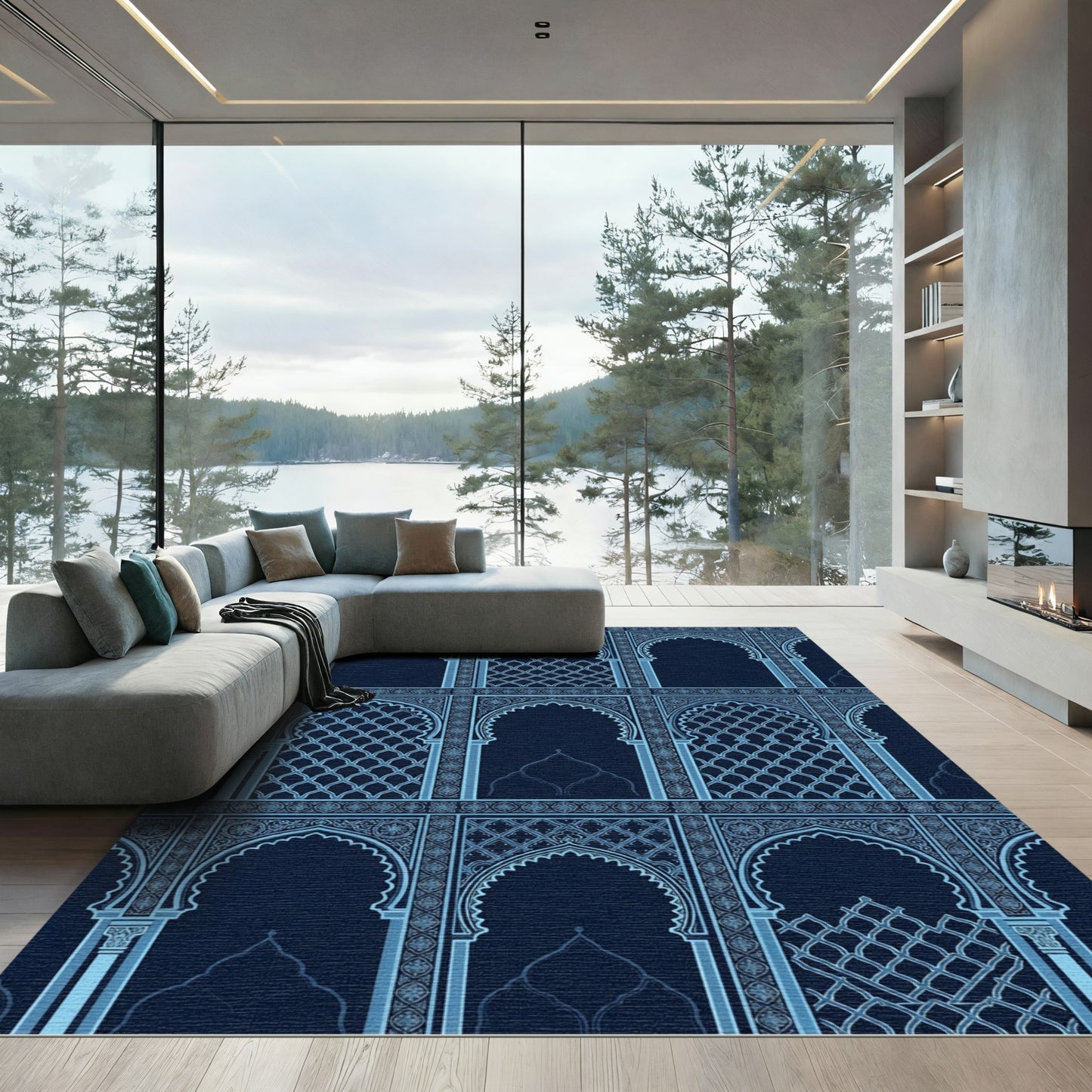 Midnight Blue Archway Lattice Grid Rug